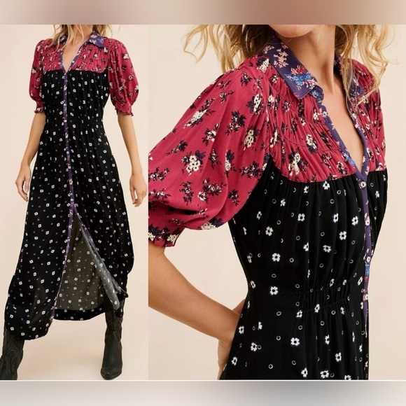 Free People Nora Midi Dress Floral Print Button Down the Front SZ L Black/Red - Picture 10 of 11